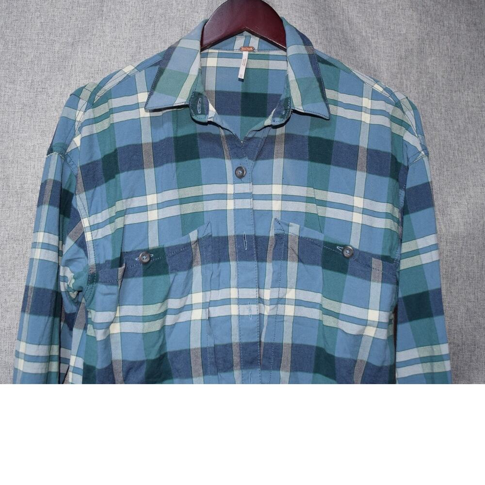 Free People Blue Plaid Raw Hem Button Front Shirt Womens Medium - Picture 2 of 3